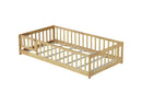 Twin Size Floor Bed with Fence and Door,Rubber Wood Floor Bed with Safety Guardrails,Natural