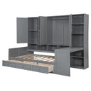 Twin Size Wooden Daybed With Three Drawers, and All-in-One Cabinet, Desk and Shelves, Gray
