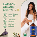 Organic Body Oil Dry Skin 8oz - After Shower Natural Face Oil & Body Moisturizer with Cold Pressed Almond, Olive, Jojoba, Rosehip, Vitamin E & Lavender oils. Clean Facial Skin Care for Women & Men