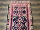 Turkish Runner Rug 3x10, Pink and Navy Blue, Bohemian Runner for Hallway or Kitchen, Vintage, Geometric, Tribal