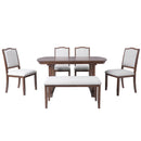 6-Piece Extendable Dining Table Set, 60–78 in. Wood Table with Removable Leaf, 4 Upholstered Chairs and Bench, Cherry Finish