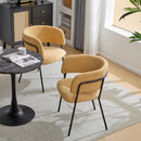 Modern Upholstered Arm Dining Chair Set of 2, Yellow Fabric, Metal Legs