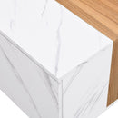 Modern 35.4 x 23.6 Inch Two-tone Coffee Table with Faux Marble and Walnut Wood Grain Finish, Rectangular Center Table with 2 Storage Drawers, Practical Cocktail Table for Living Room, White