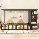 Full Size Floor Bed Frame with Wardrobe, Metal floor Bed with Storage Shelves, Black