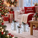 Set of 3 Christmas Lighted Gift Boxes, Silver Tinsel Boxes for Xmas Decor