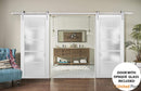 Quadro 4002 White Silk Double Barn Door with Frosted Glass and Silver Rail