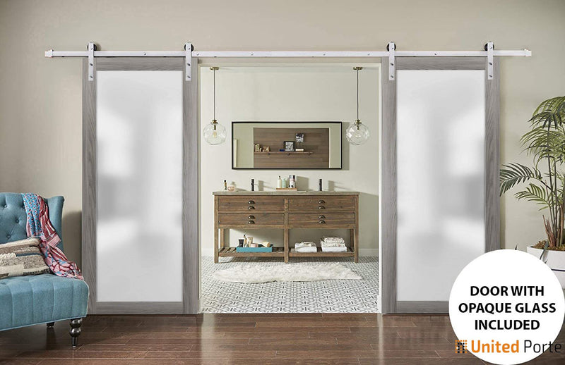 Planum 2102 Ginger Ash Double Barn Door with Frosted Glass and Silver Rail