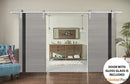 Planum 0040 Grey Ash Double Barn Door with Black Glass and Silver Finish Rail