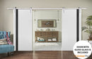 Planum 0040 White Silk Double Barn Door with Black Glass and Silver Finish Rail