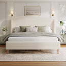 King Size Upholstered Platform Bed Boucle Fabric and Wingback Headboard, Rounded Corners, White