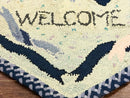 Small American Hooked Rug, Vintage Welcome Mat, Heart Shaped, Ivory and Blue