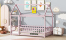 Twin Size House Floor Wooden Bed with Roof Frame,Safety Guardrails,Pink