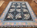 Chinese Needlepoint Rug 8 x 11.4, Hand-Woven Area Carpet, Flatweave Rug, Black Blue Light Violet Floral Garden European Design Wool Aubusson