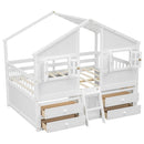 Full Size House Loft Bed with Roof, Windows,4 Storage Drawers,Pine Wooden Bed with Safety Guardrails,Ladder,White