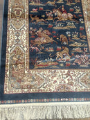 Turkish Silk Hunting Scene Rug 2.6 x 5, Dark Steel Blue & Ivory, Bamboo Silk, New