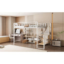 Full Size Metal Loft Bed with Staircase,Low Storage Table and Storage Shelves,White