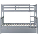 Twin Over Full Rubber Wood Bunk Bed with Trundle, Convertible Ladder and Guardrail, Detachable, Convertible Bed, with Twin Size Trundle  ,Grey