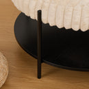 Modern Upholstered Round Ottoman Coffee Table with Storage Shelf and Black Metal Legs, Beige Faux Fur