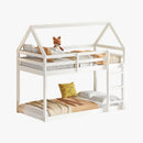 Twin over Twin Rubber Wood Floor Bunk Bed, with ladder,Guardrails,House-Shaped-Bunk Bed,White