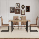 Table and chair set.A minimalist retro rectangular dining table with a textured top and black metal legs.Paired With 4 Brown technology fabric chairs with Featuring arched black legs.