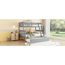 Twin Over Full Rubber Wood Bunk Bed with Trundle, Convertible Ladder and Guardrail, Detachable, Convertible Bed, with Twin Size Trundle  ,Grey
