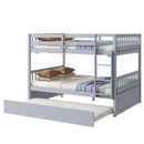Full Over Full Rubber Wood Bunk Bed with Trundle, Ladder and Guardrails, Convertible to 2 Full Size Beds, with Twin Size Trundle,Light Grey