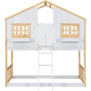 Twin over Twin House Bunk Bed with Roof, Window, Window Box, Door, with Safety Guardrails and Ladder, Natural/White