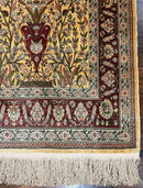 Wonderful Silk Turkish Hereke Prayer Rug 2.8 x 4.5, Tree of Life Design, Signature from Master Weaver, Gold and Burgundy, Handmade, 625 KPSI