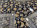 Wonderful Navy Blue Persian Kashan Rug 11x13, Allover Floral Design with Central Medallion, Wool Hand-Knotted Antique Carpet, Signed Rabani Rug