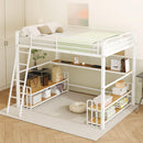 Full Size Metal Loft Bed with Desk, Storage Shelves and Charging Station, White
