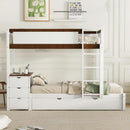 Twin Over Twin Bunk Bed With Desk USB Ports White Walnut