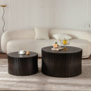 Vintage Fashion Style Cylindrical Nesting Coffee Table Set with Vertical Textured Embossed Design for Living Room, Office and Dining Room, Dark Brown (Set of 2)