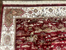 Turkish Silk Rug 8x10, Red & Ivory, Hunting Design, Bamboo Silk, New