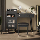 Modern Makeup Vanity Desk with Drawers, Cabinet & Charging Port, Black Engineered Wood, Space-saving Design for Small Places