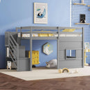 Twin Size Low Loft Bed In Gray With Stairs Storage