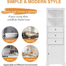 White Triangle Tall Cabinet with 3 Drawers and Adjustable Shelves for Bathroom, Kitchen or Living Room, MDF Board with Painted Finish