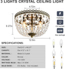 Three Light French Empire Crystal Chandelier Antique Bronze Dimmable Flush Mount