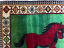 4 X 7 Handmade Rug Zagros Quality Wool Pictorial Horses Green Butterfly Colorful