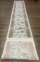 Long Turkish Silk Runner Rug 2.6 x 16.5, Hunting Design, Ivory, Bamboo Silk, New