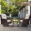 Two Outdoor Swivel Wicker Glider Patio Chairs With Table Set Brown Rattan And Beige Cushions