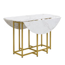 TOPMAX Space-Saving 5-Piece Extendable Kitchen Dining Table Set for Small Spaces - Round Faux Marble Top with Golden Frame, 4 Upholstered Chairs, Compact Foldable Design,White+Green