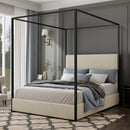 Modern Luxury Metal Canopy Bed with Tall Corduroy Upholstered Headboard, No Box Spring Needed, Queen, White