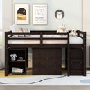 Loft Low Study Bed With Cabinet, Shelves And Rolling Portable Desk, Multiple Functions