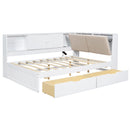 White Wooden Full Size L-shaped Daybed with Storage Bookcase, Upholstered Headboard, USB Charging Ports