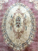 Indo Chinese Aubusson Wool Rug 10x14, Pink and Cream, Handmade Vintage Wool Carpet, Elegant European Design