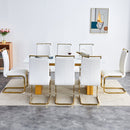 Table and chair set.Large modern rectangular table with 0.4 inch patterned glass tabletop and large MDF table legs.Comes with 8 chairs with faux leather cushioned seats and golden metal legs.