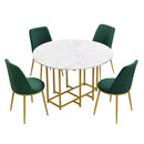 TOPMAX Space-Saving 5-Piece Extendable Kitchen Dining Table Set for Small Spaces - Round Faux Marble Top with Golden Frame, 4 Upholstered Chairs, Compact Foldable Design,White+Green