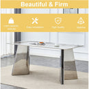 Table and chair set.63'x31.5x30' Luxurious Pandora patterned Sintered Stone Tabletop with Silver Stainless Steel Legs.Paried With 4 White PU Chairs with a vertical stripe design on the backrest.