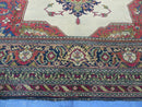 Persian Tabriz Rug 10x13 Oriental Carpet, Ivory Open Field, Geometric Medallion, Red Blue, Hand Knotted, Large Wool Area Rug Vintage Antique 1950s
