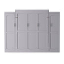 Full Size Murphy Bed, Wooden Full Wall Bed with 2 Wardrobe and Storage Shelf, Multifunctional Foldable Platform Bedframe for Guest-Room, Bedroom, Gray
